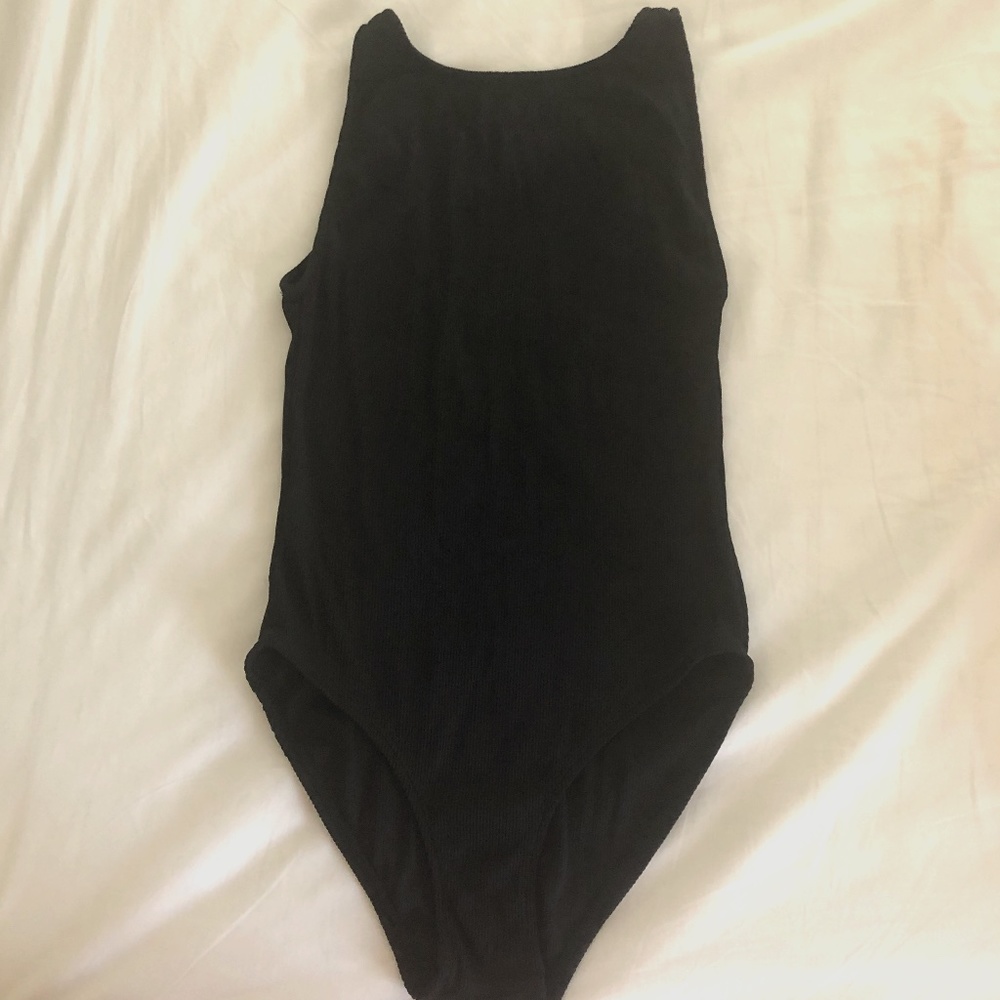 ZARA Black Ribbed Soft, Stretchy Bodysuit with Low Back Deep V cut